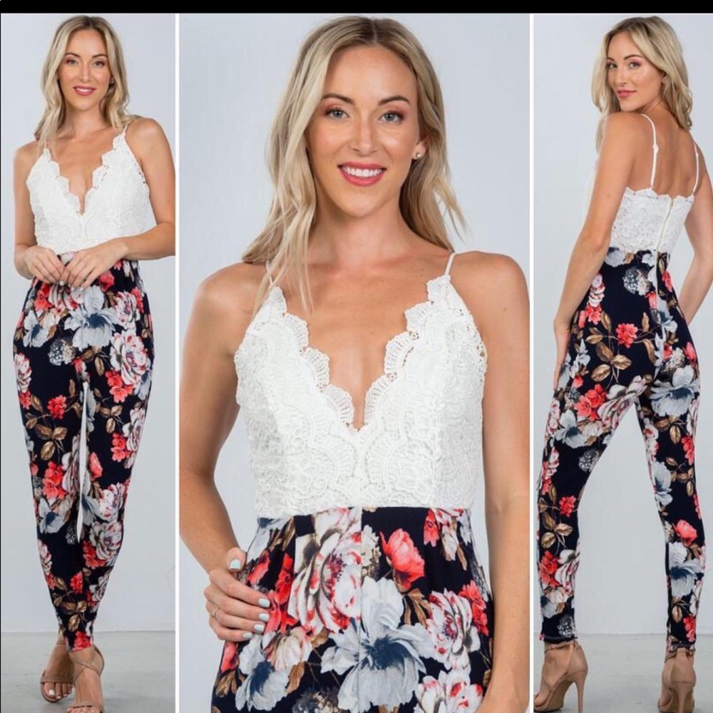 Lace and Floral One Piece Jumpsuit NWOT